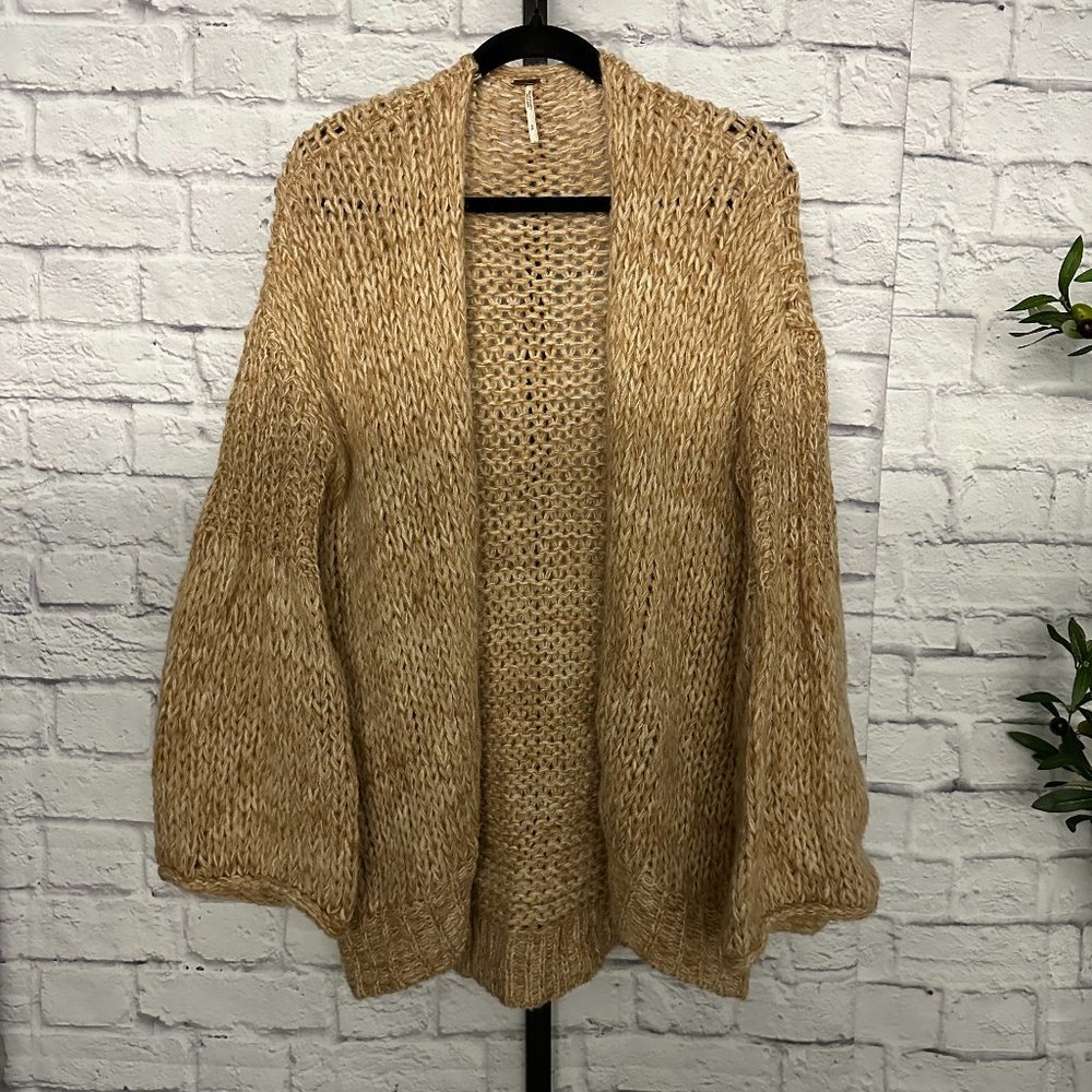 Free People Open Front Chunky Knit Cardigan in Beige